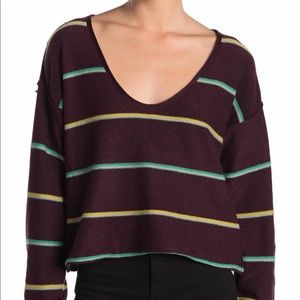 FREE PEOPLE Make You Mine Plum Burgundy Preppy Stripe Crop Sweater, LARGE $128